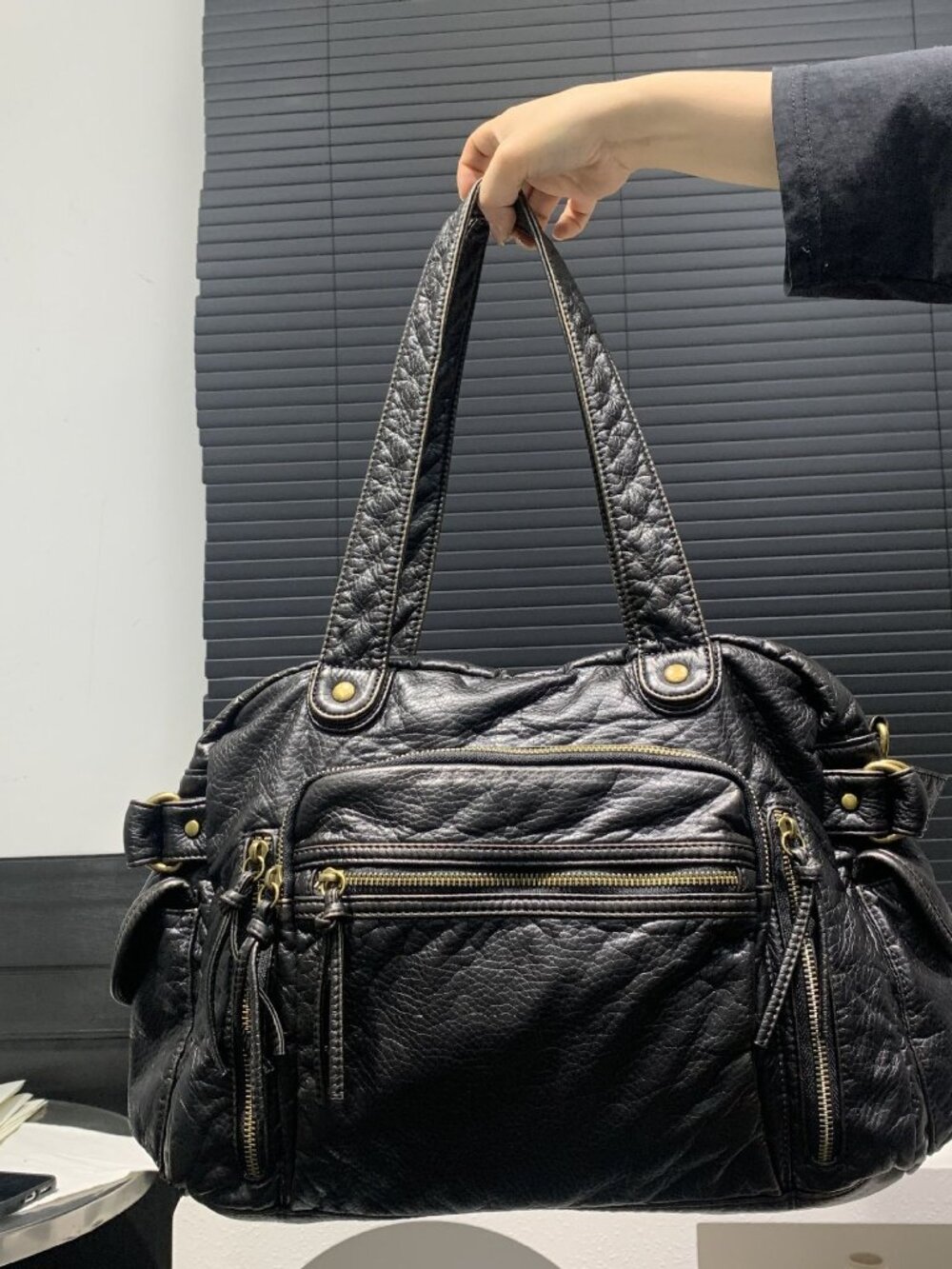 Black Washed Leather Multi-Pocket Hobo Shoulder Bag Moto Gold Hardware